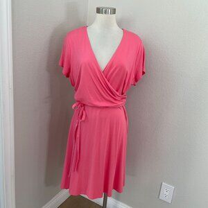 NEW Lands End Womens XL Pink Wrap Dress Short Sleeve V Neck Knee Length Stretch